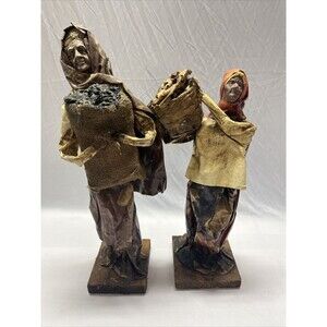 Vintage 2 Decoupage Paper Mache Woman Carrying Baskets 15” Tall